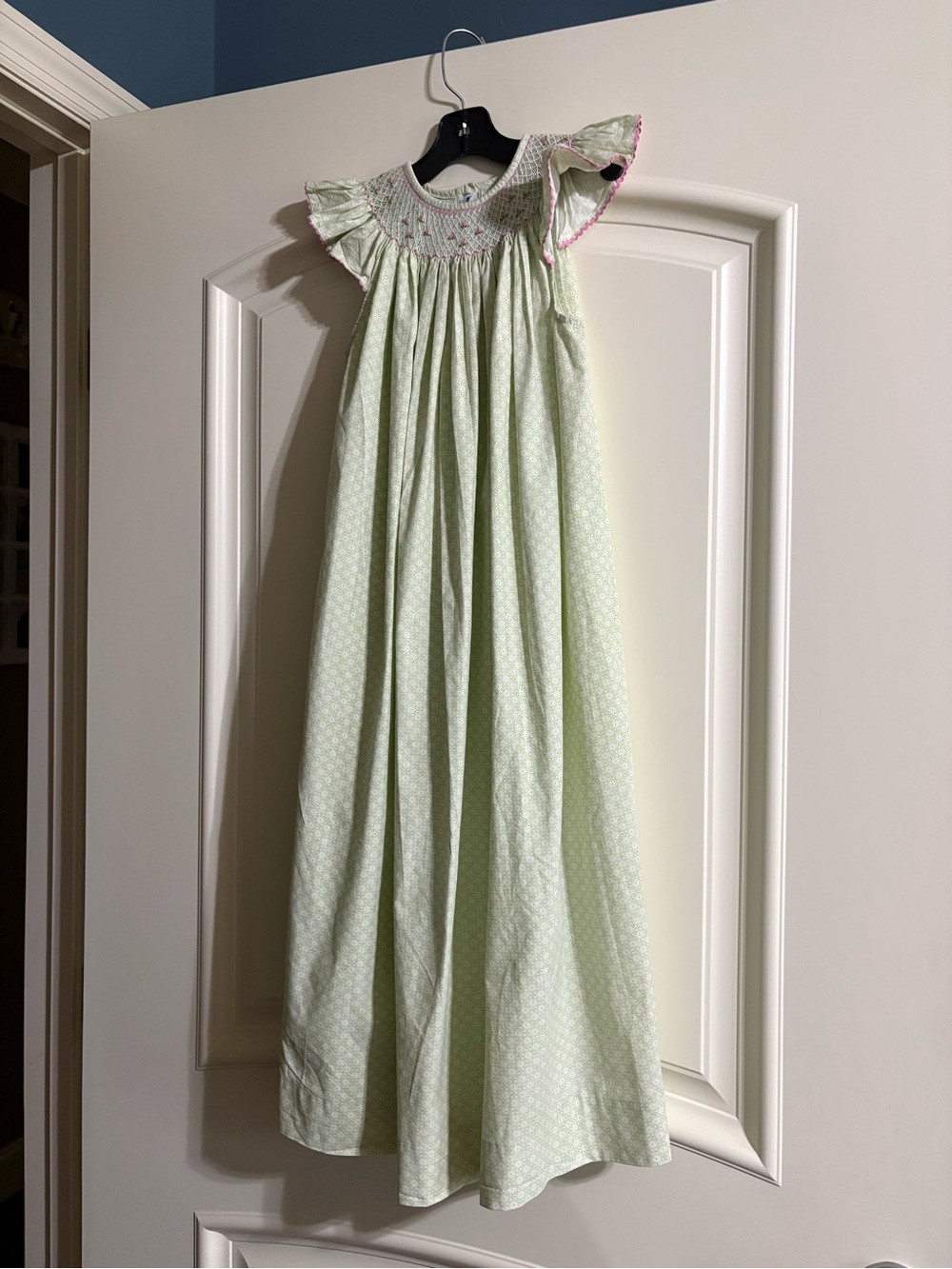 Light Green Girls' Smocked Nightgown with Pink Trim